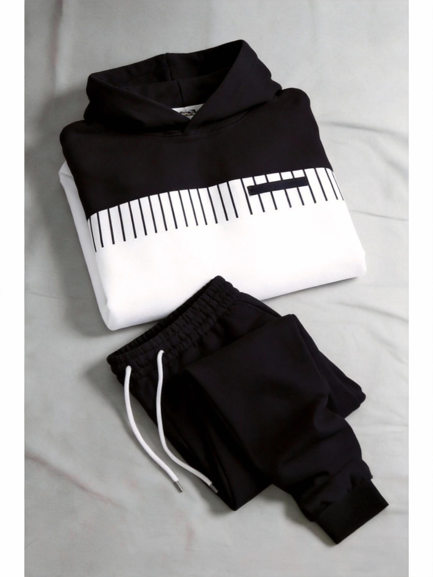 Business Fashion Leisure Set Simple Versatile Hoodie Set Clothes Menswear Long Sleeve Suits 25115 Gamis Wetsuit Black White Color Block Trousers Business Fashion Leisure Set Simple Versatile Hoodie Set Clothes Menswear Long Sleeve Suits 25115 Gamis Wetsuit Black White Color Block Trousers