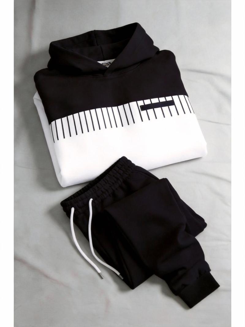 Business Fashion Leisure Set Simple Versatile Hoodie Set Clothes Menswear Long Sleeve Suits 25115 Gamis Wetsuit Black White Color Block Trousers