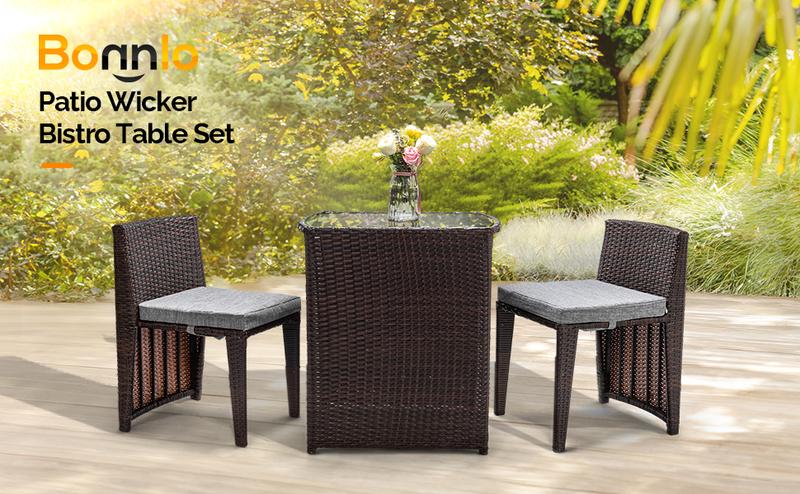 Bonnlo 3 PCS Wicker Outdoor Patio Bistro Set, Patio Furniture Set for Small Space with Glass Top Table Dining Chairs, Balcony Furniture Patio Table and Chairs Set of 2 for Garden Yard Porch (Brown)