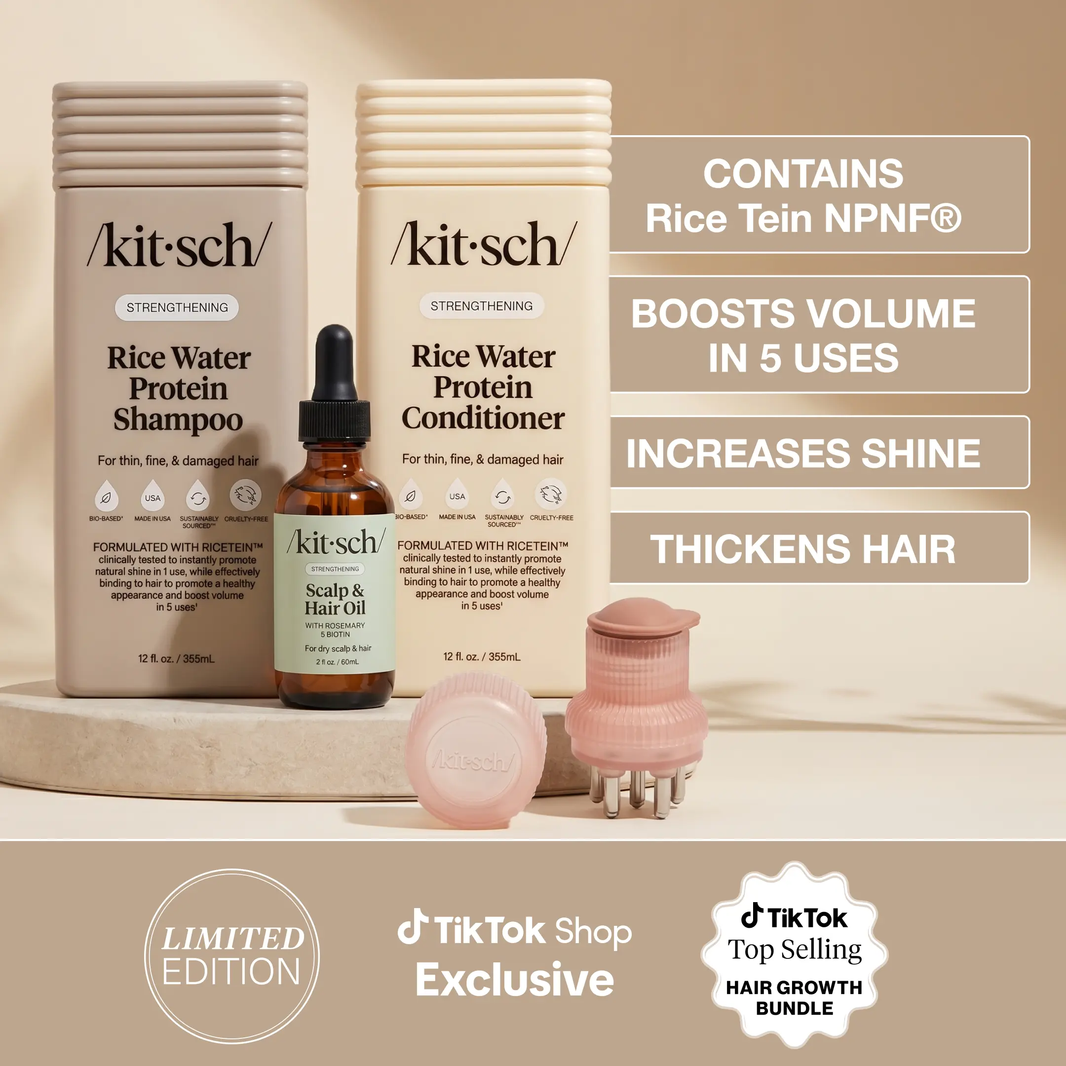 Hair Growth Bundle - Kitsch Rice Water Shampoo, Conditioner, Rosemary Oil for Scalp, Scalp & Hair Oil Applicator: Healthy Scalp & Hair