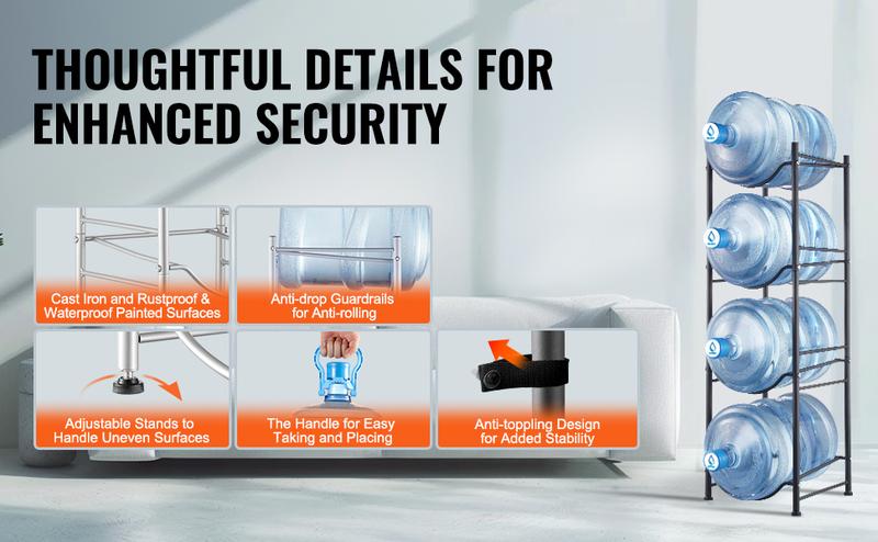 VEVOR 4 Tiers Water Jug Holder,  5 Gallon Water Bottle Holder, Single Row Water Bottle Rack for 4 Bottles, Heavy Duty Water Jug Rack for Kitchen, Office, Living Room, Black