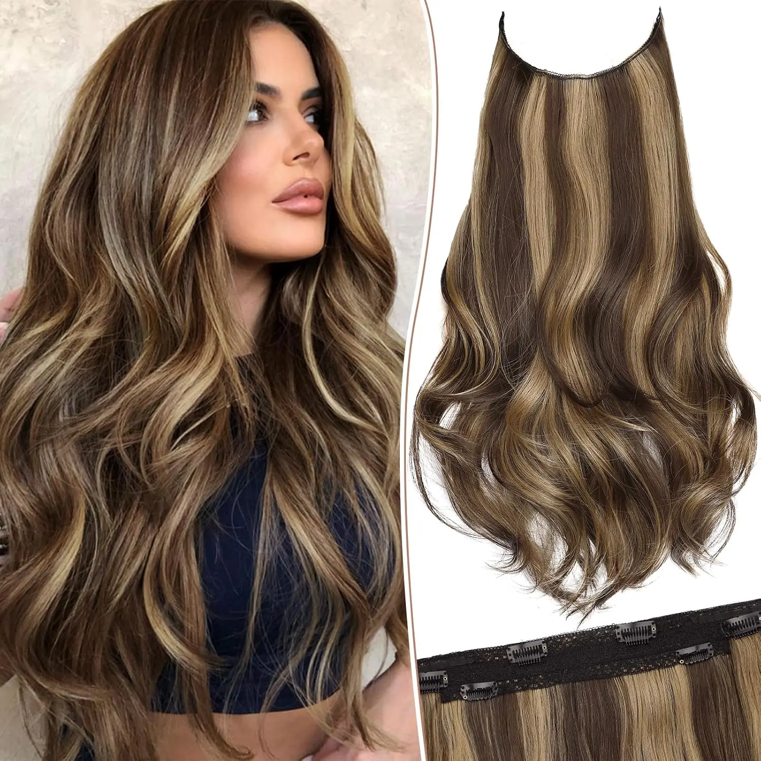 KooKaStyle 20 Inch Clear Invisible Wire Synthetic Hair Extensions with 4 Retaining Clips Adjustable Invisible Wire Headband, Long Hair Wavy Curly Women's Beginner Invisible Hair Extensions