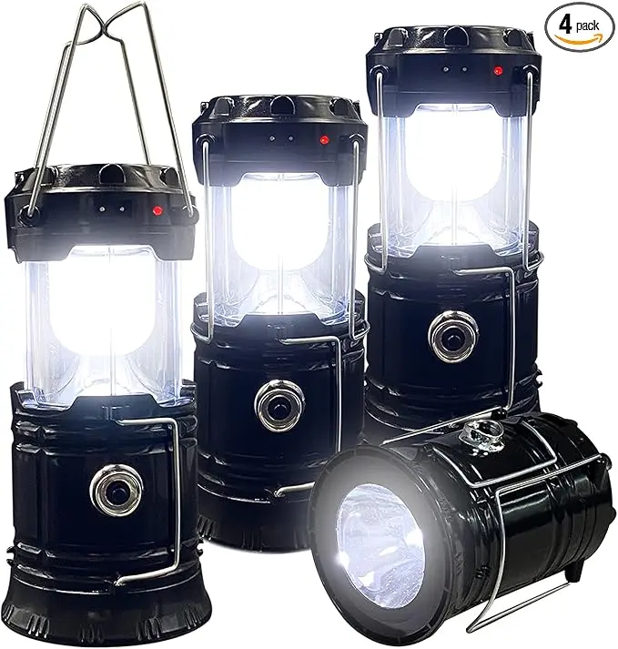 4-Pack Foldable Compact LED Lanterns - Durable, Waterproof, Solar-USB Rechargeable, Solar Powered, Brightness Adjustable, Heat/Freeze Ready, Batteries-Included Emergency Lights with Flashlight Mode, Carries in Small Bags, for Home Power Outages, Hiking, F