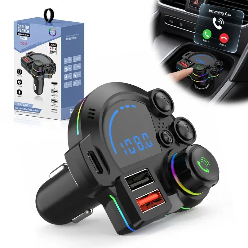 Car Wireless MP3 Player, PD 20W Type-C Car Charger and Bluetooth 5.3 FM Transmitter,Bass Sound Enhancer, RGB Glowing Radio Adapter, Hands-Free Calls, Car Accessories & Road Trip Essentials, Compatible with 12V-24V