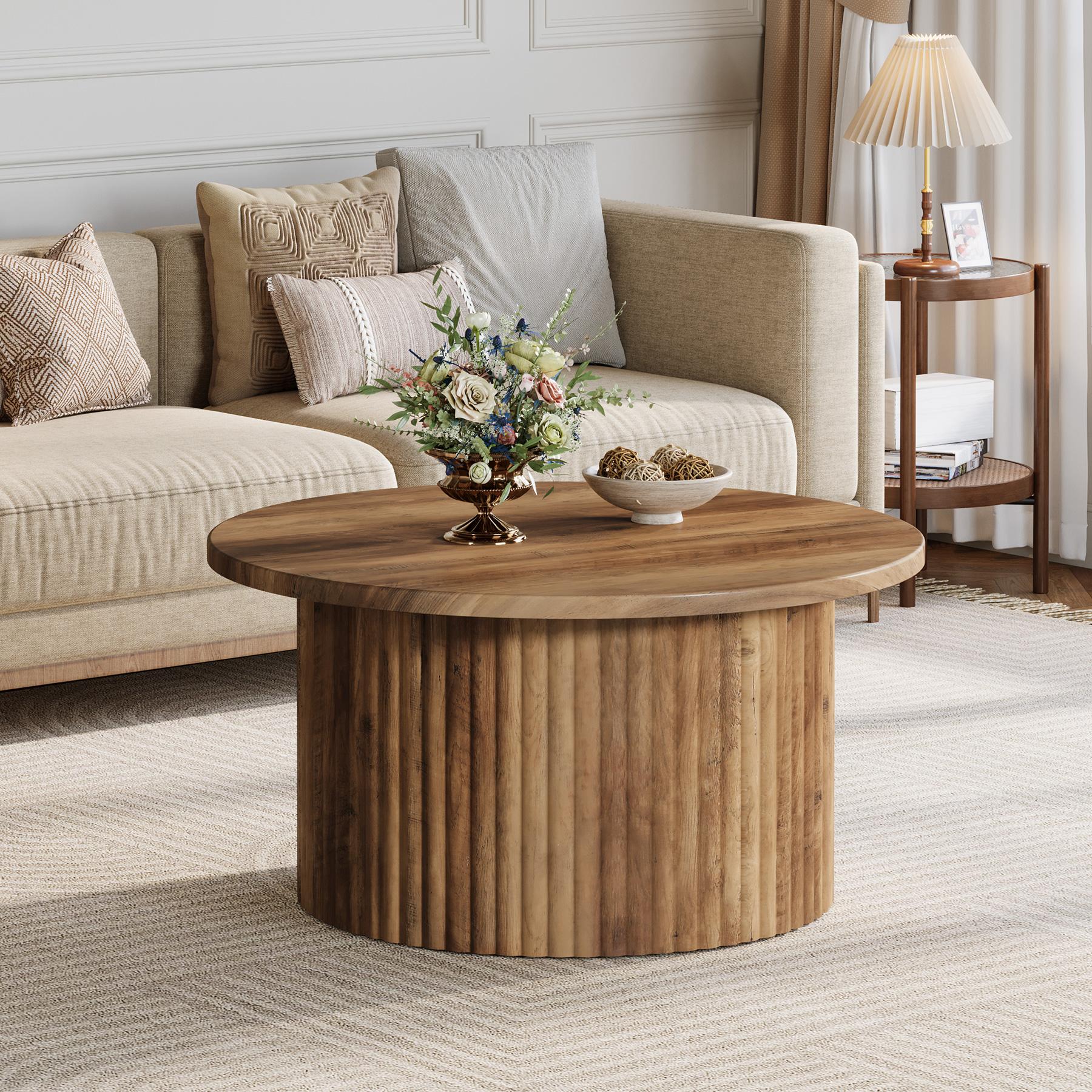 LITTLE TREE 31.5" Round Coffee Table, Farmhouse Circle Coffee Table with Metal Base, Modern Accent Center Table Sofa Side Table for Living Room, Home Office, Wooden Grain Veneer Top