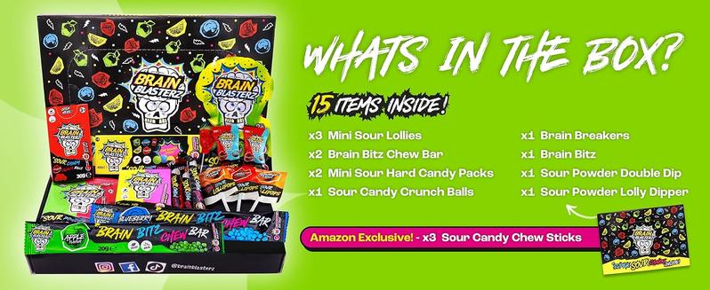 Brain Blasterz Christmas Candy Gift Box – Extreme Sour Candy Variety Pack - 14pc Holiday Collection with Lollipops, Taffy & Powder – Vegan & Halal – Fun Xmas Present, Stocking Stuffer, Birthday Treats