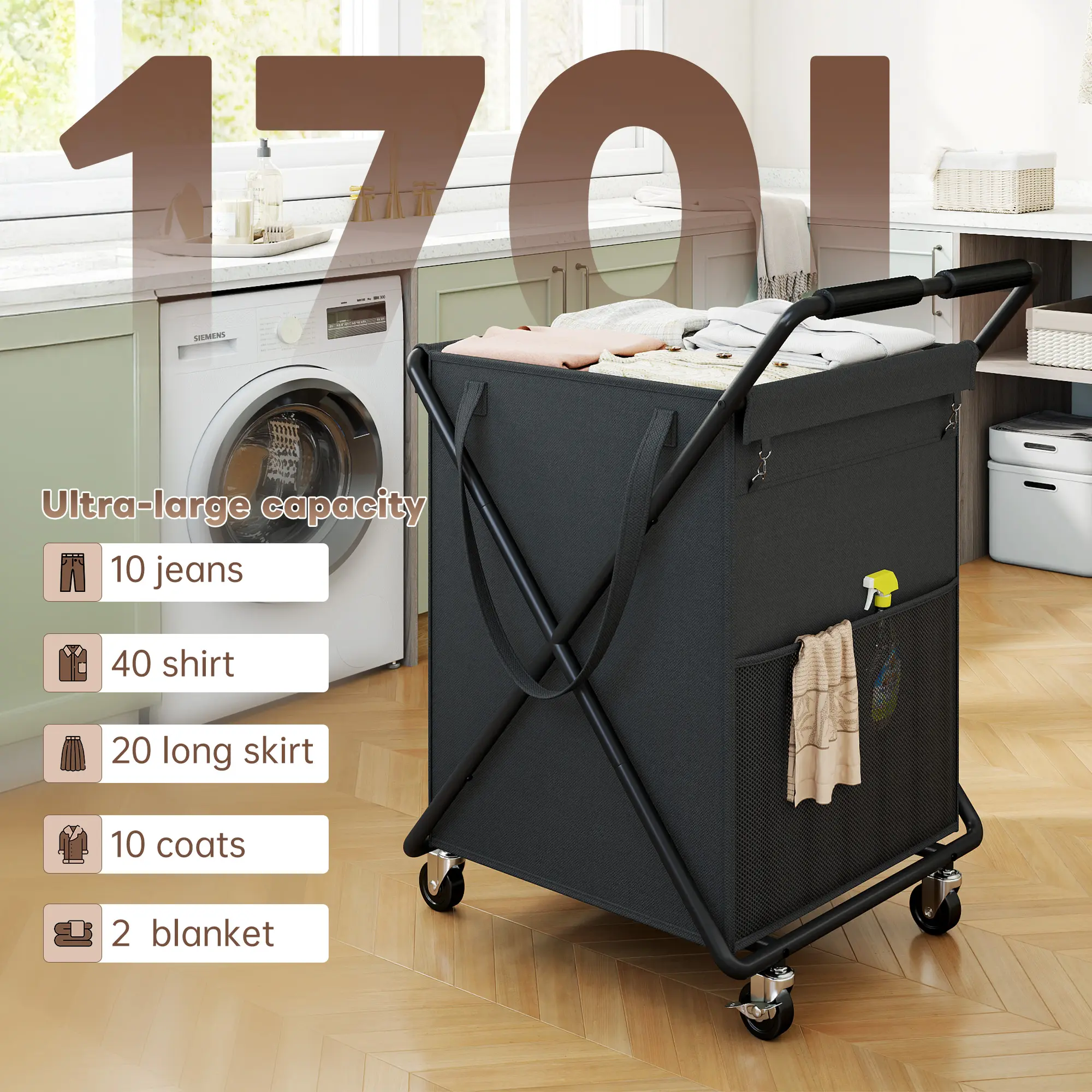 【STURDY & SMOOTH】Raybee 170L/45 Gallons Laundry Basket With Wheels & Removable inner Bags,Laundry Cart with extra Large Reinforced Handles for Homeuse & Laundryroom, Easy to move, Washable & Removeable BAG,No Sweat odors,Highly breathable fabric,Organiser