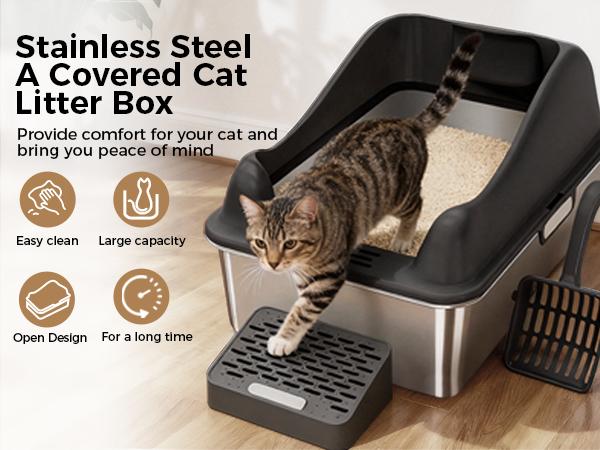 Spring Special: GTplayer XXL Stainless Steel Cat Litter Box (20L with Lid). High-sided, leak-proof design. Includes mat & scoop. Odor-resistant, easy-clean, non-stick surface. XL size for large cats & multi-cat homes.