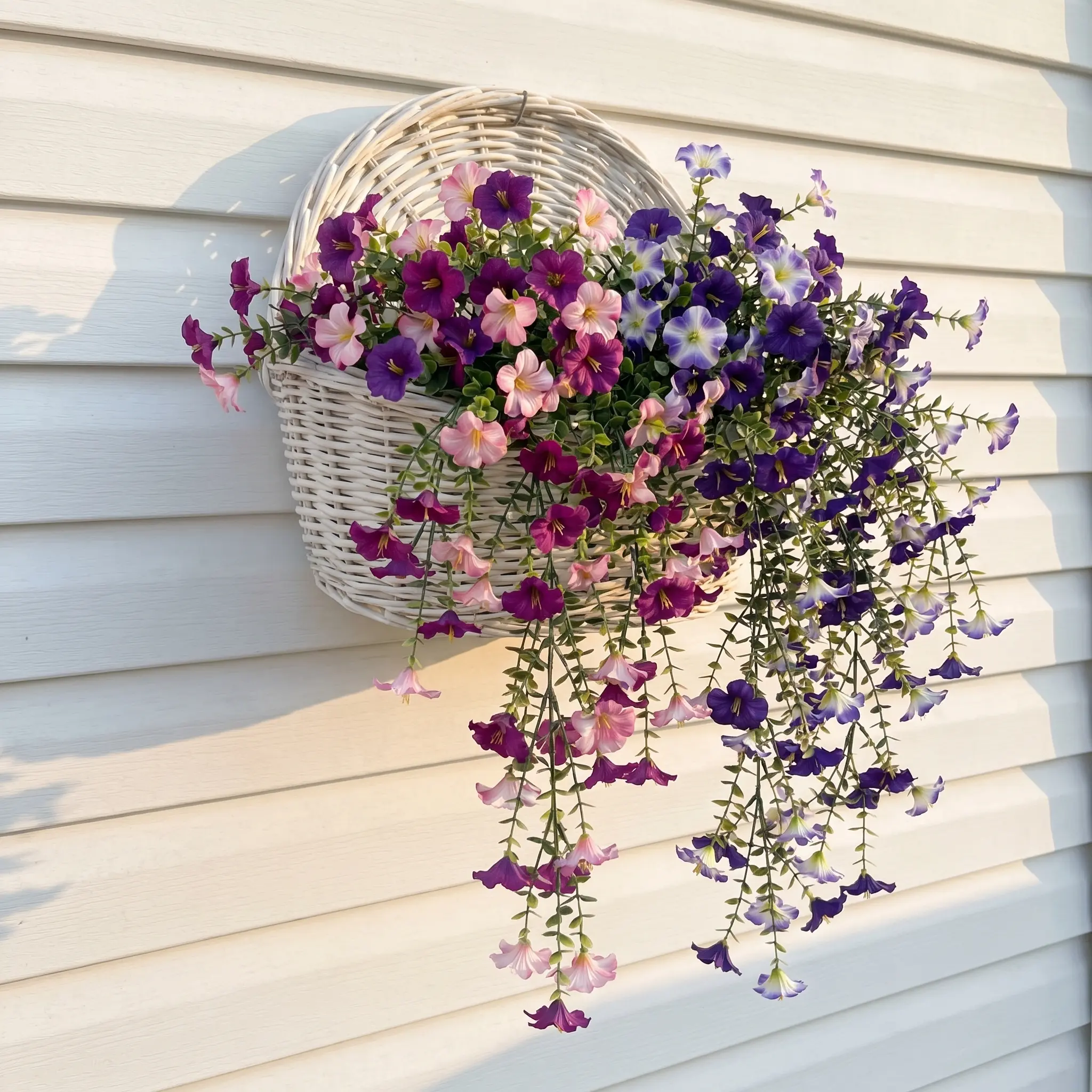 Purple & White Hanging Basket - Outdoor Vertical Garden Accessory, Outdoor Patio Decor, Porch Floral Holder for Artificial Flowers to Boost Home Aesthetic