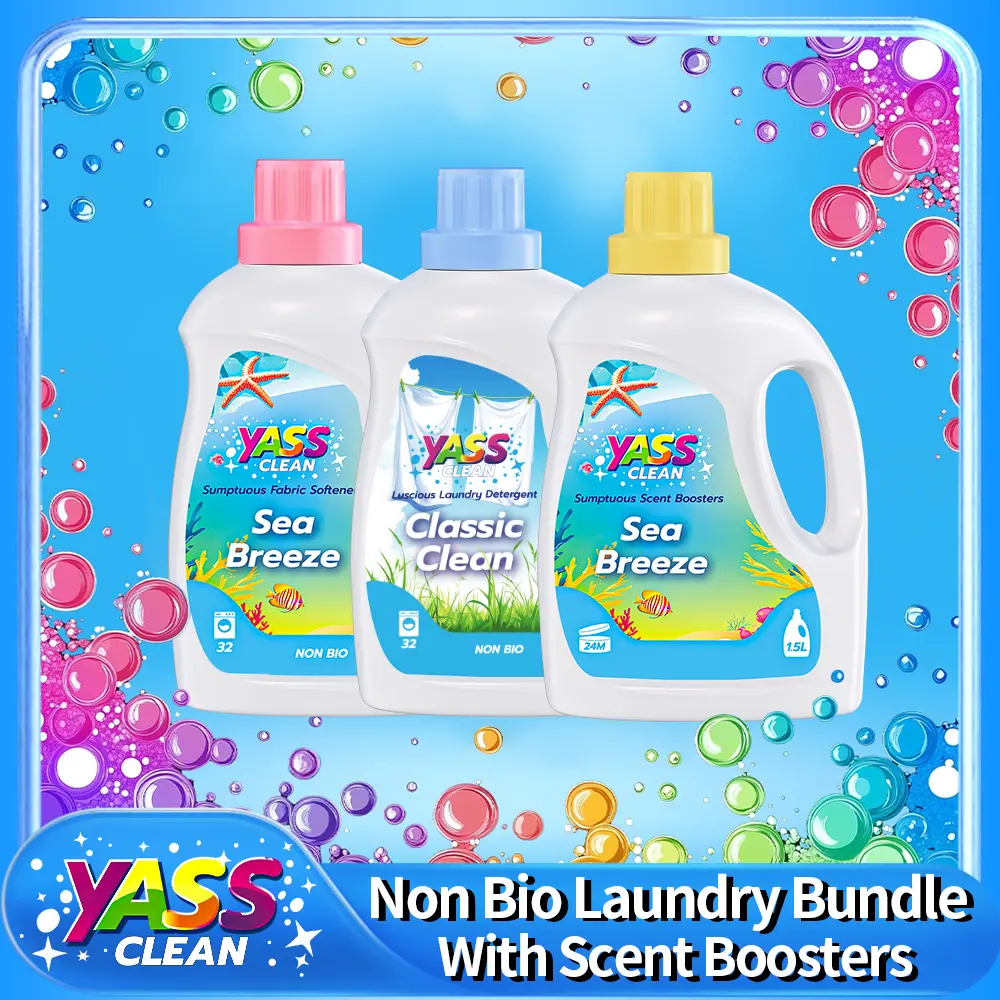 Yass Clean Non Bio Sea Breeze &Cream Coconut Laundry Bundle, 32 Washes 1.5L Concentrated Laundry Detergent, 42 Washes 1.5L Sumptuous Fabric Softener,  1.1KG 1.5L Sumptuous Scent Booster Laundry Beads