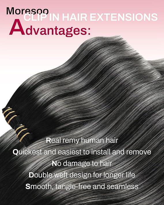 MORESOO Clip-in Hair Extensions Remy Human Hair Natural Straight 10-28inch Invisible Seamless Color Blend Easy Wear Black Hair Clip on for Women
