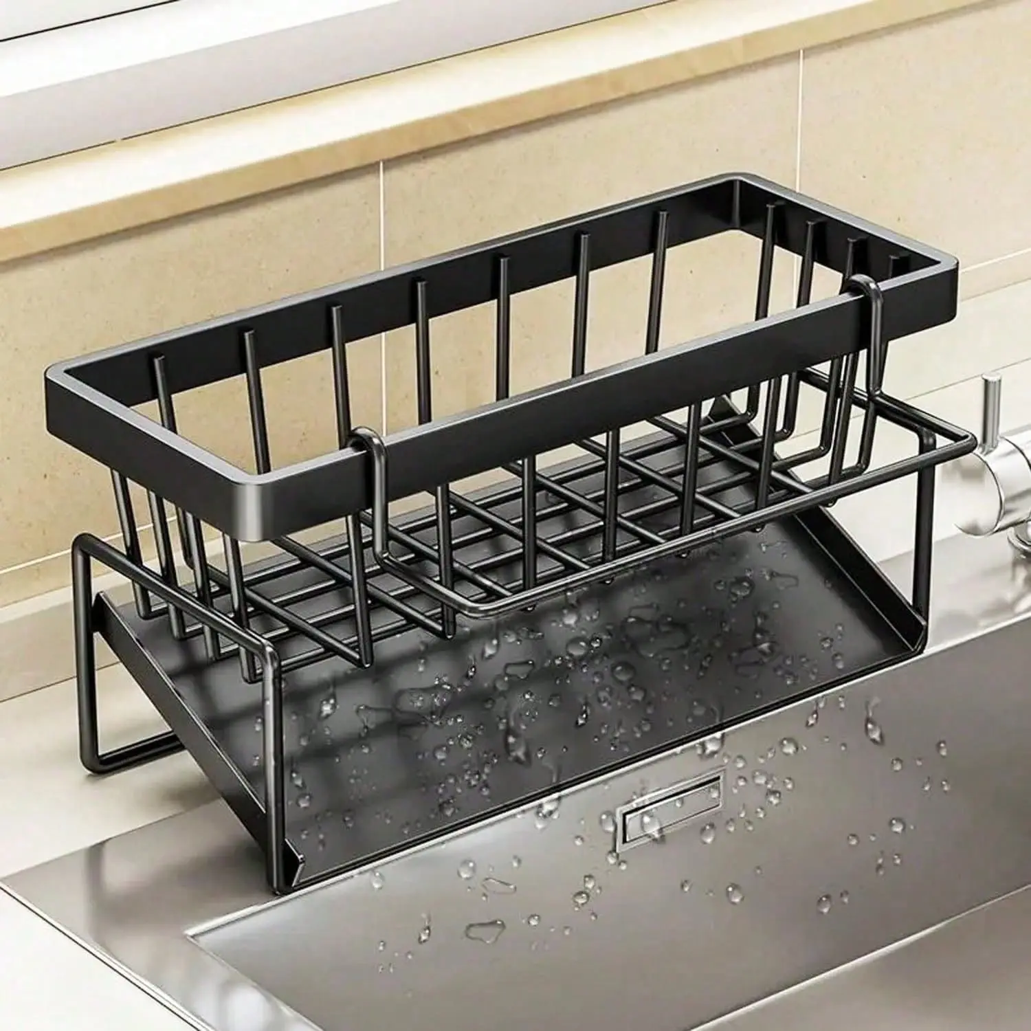 Kitchen Sink Organizer 2 Tier, Space Saving Sink Caddy with Sponge and Brush Holder, Dish Cloth Towel Rack and Drain Tray for Countertop Kitchen Cleaning Supplies