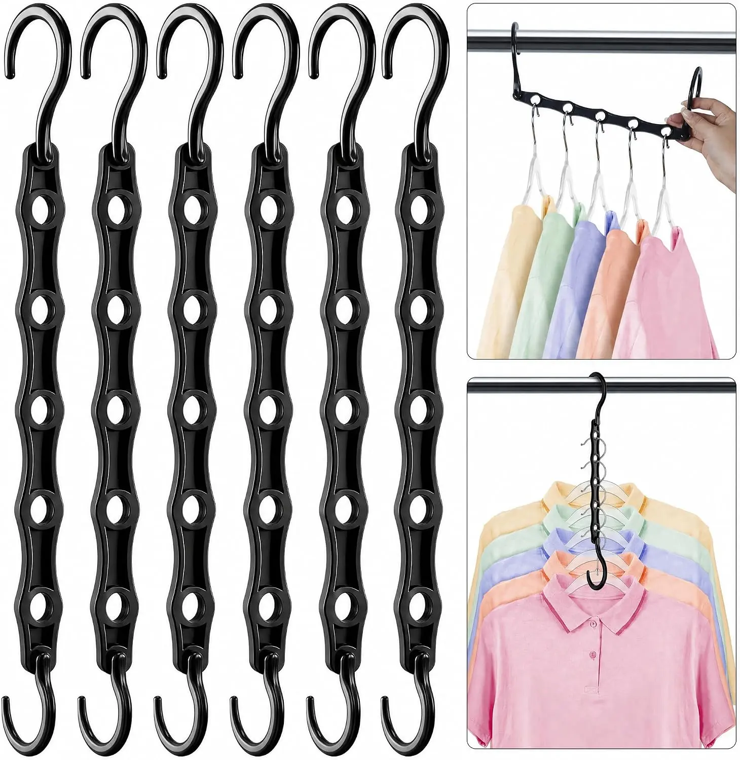 Closet Organizers and Storage 6 Pack, College Dorm Room Essentials, Multifunctional Organizer Magic Space Saving Hangers with 5 Holes, Storage Organization for Wardrobe Closet - Black