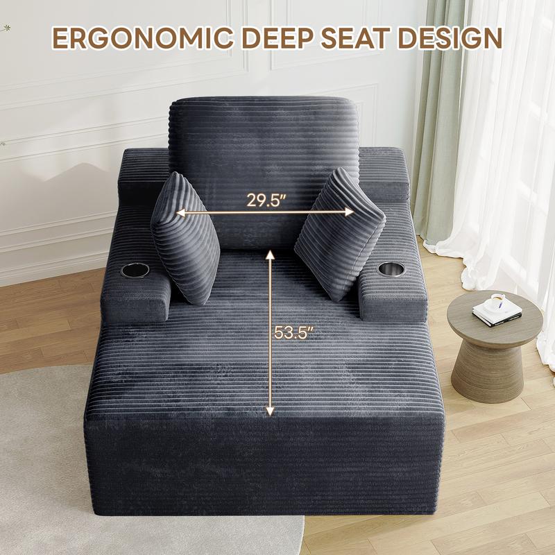 LIKIMIO 49" Oversized Chaise Lounge Sofa Bed with 2 Cup Holders & Storage Pocket - Plush Corduroy Upholstered, No Assembly Cloud Couch for Living Room, Bedroom, or Reading Nook LIKIMIO 49" Oversized Chaise Lounge Sofa Bed with 2 Cup Holders & Storage Pocket - Plush Corduroy Upholstered, No Assembly Cloud Couch for Living Room, Bedroom, or Reading Nook