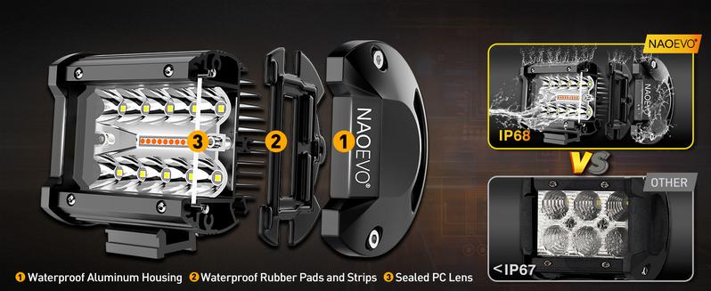 NAOEVO 4 Inch LED Pod Lights, Small LED Light Bar with 2 Leads Wiring Harness, LED Cube Work Lights for Truck Boat ATV UTV, 2 Pcs