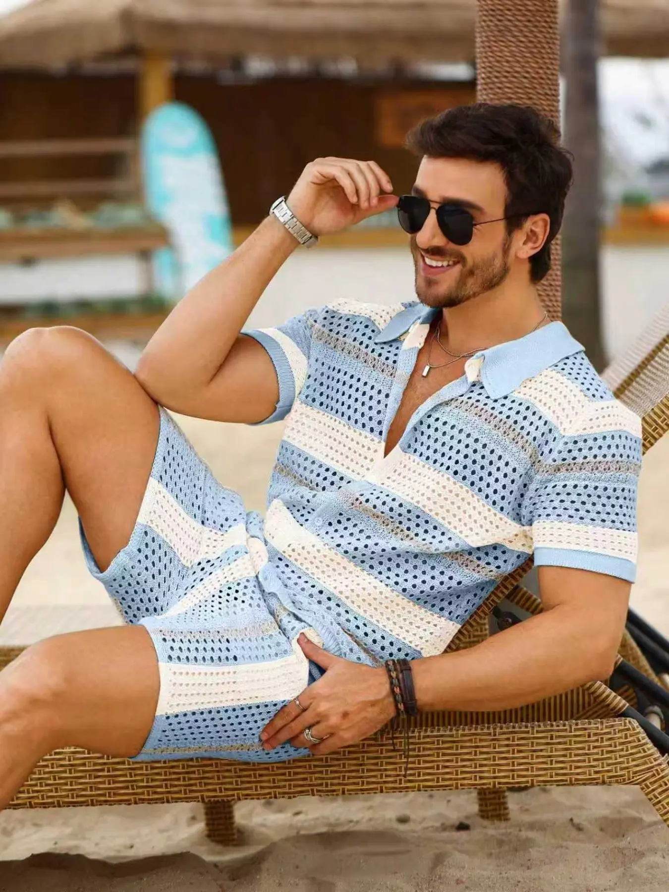 2026 Spring Summer Tropical Vacation Style Two-Piece Set Suits, Short Sleeve Polo Neck Top & Shorts, Fashion American Casual, Outdoor Travel Wear, Menswear