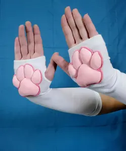 White Plush Cat Paw Fingerless Gloves – Pink Soft Squishy Paw Pads