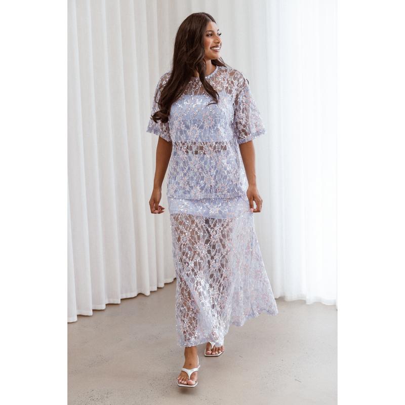 Yonder Sheer Panel Lace Maxi Skirt - Purple