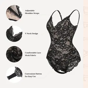 Lady's lace figure-hugging one-piece dress, featuring adjustable shoulder straps, V-neck design, comfortable mesh fabric, and teddy-style pajama style Womenswear