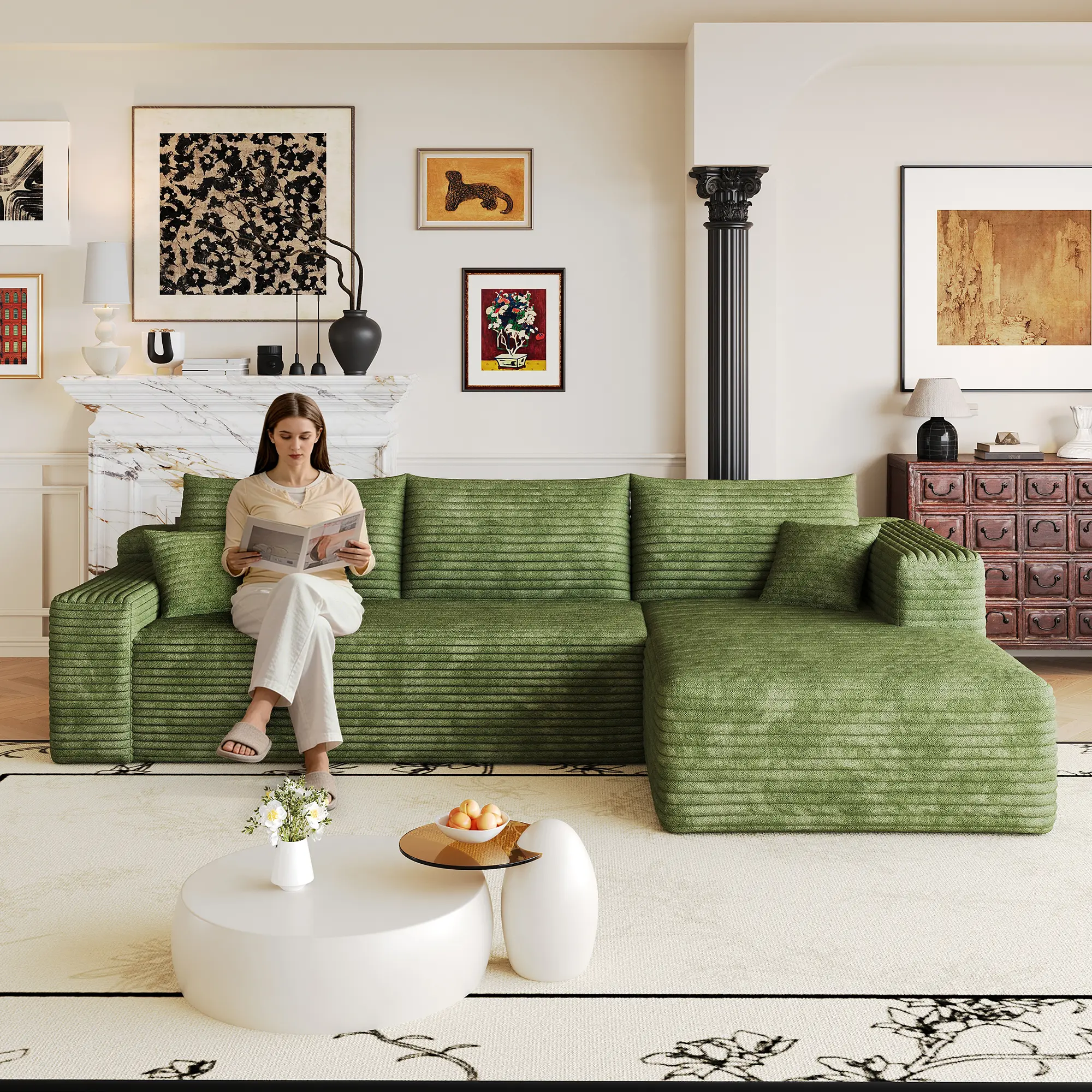 103" Cloud Sectional Sofa, L-Shaped Corner Couch for Living Room, Plush Corduroy Fabric, Deep Seat, 3-Seat, No Assembly Required, Foam Filled, Primary Living Space, Green