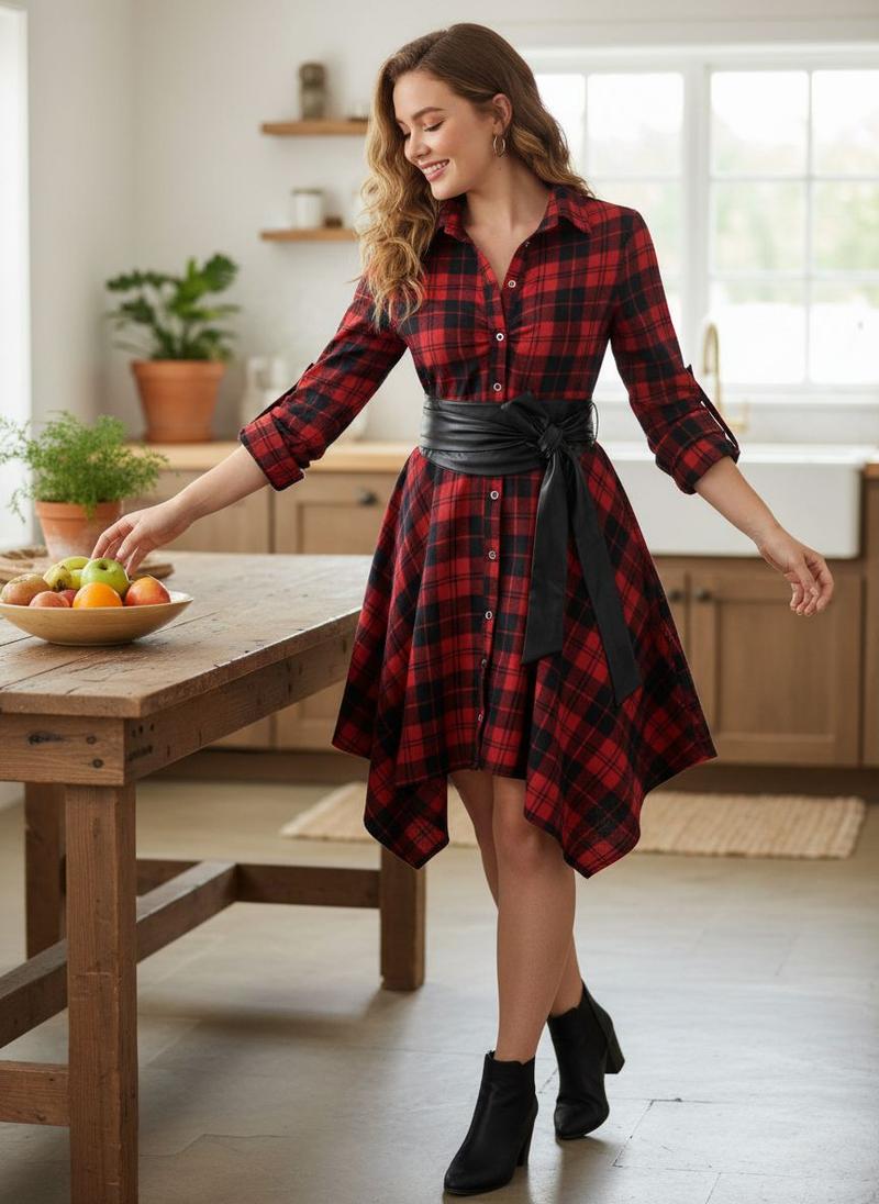 1950S 3/4 Sleeve Plaid Belt Dress Casual Outfits Women Collared Black Vintage Check Leather Womenswear