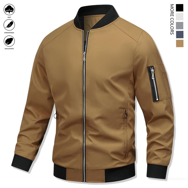 Men's casual spring-autumn lightweight windbreaker with zipper and multiple pockets, classic pilot jacket, using warm fabric, soft and comfortable, solid color collar, suitable for dates, running parties, gatherings, work and daily wear.