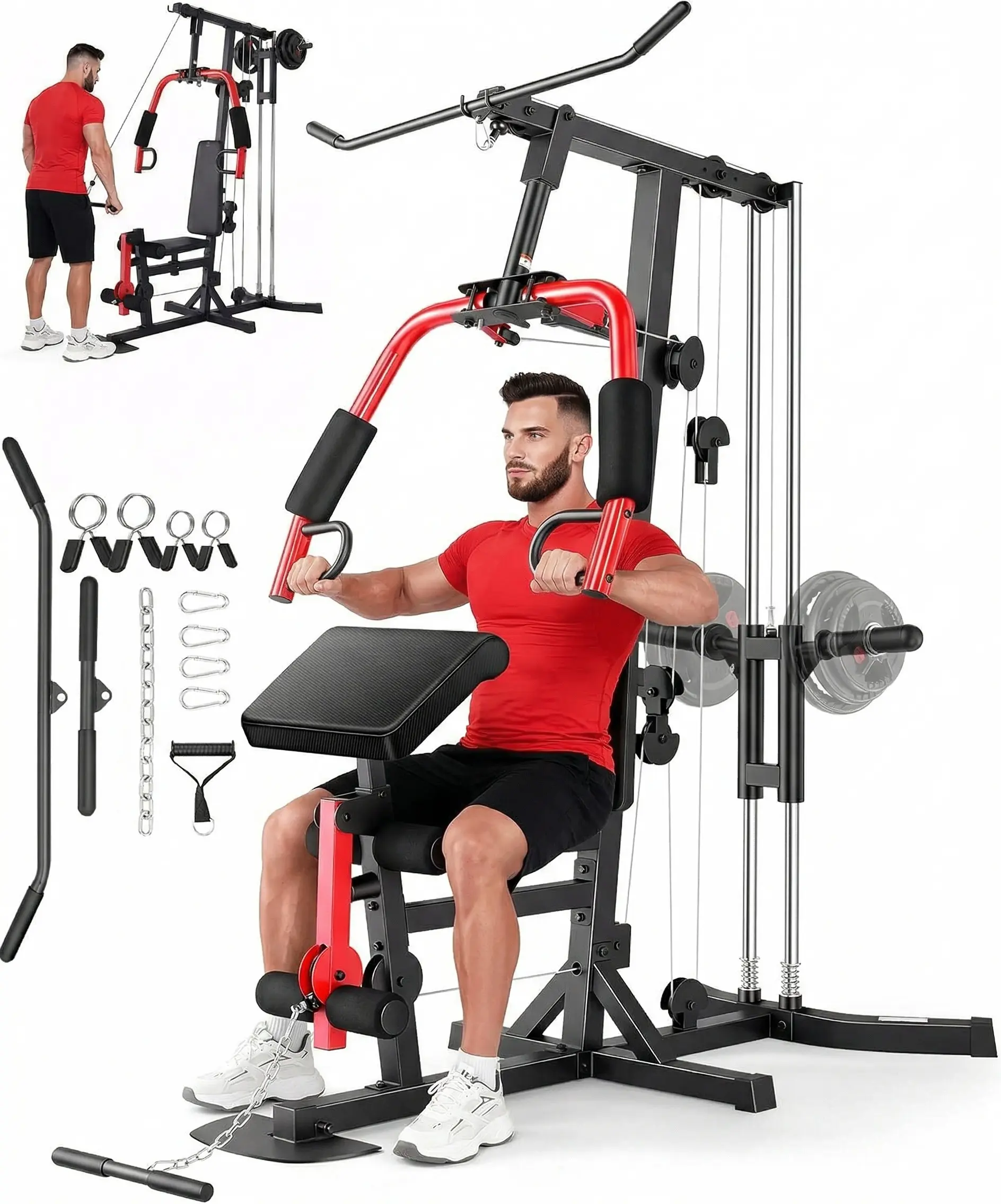 OPPSDECOR All-in-1 Home Gym, Multifunctional Strength Training Exercise Equipment with High and Low Pulley System, Seated Rowing, Adjustable Bench & Preacher Curl Pad