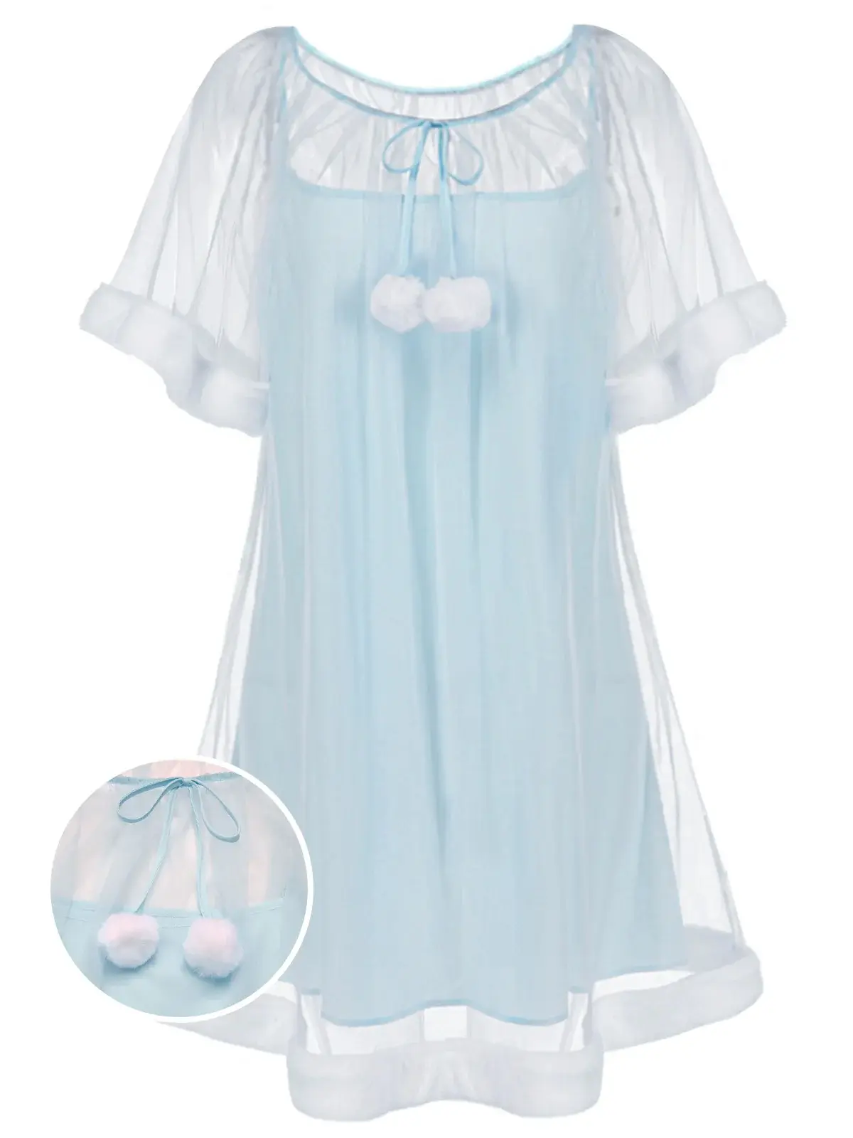Women's 1940s Princess Style Blue Ruffle Sleeve Embellished Tulle Trim Plush Above-Knee Short Sleeve Option, Nightwear Sleepwear Homewear Loungewear Summer Outfit, Shortsleeve Elegant Sleeveless Nightgown Spaghetti Strap Nightgown BackToSchool