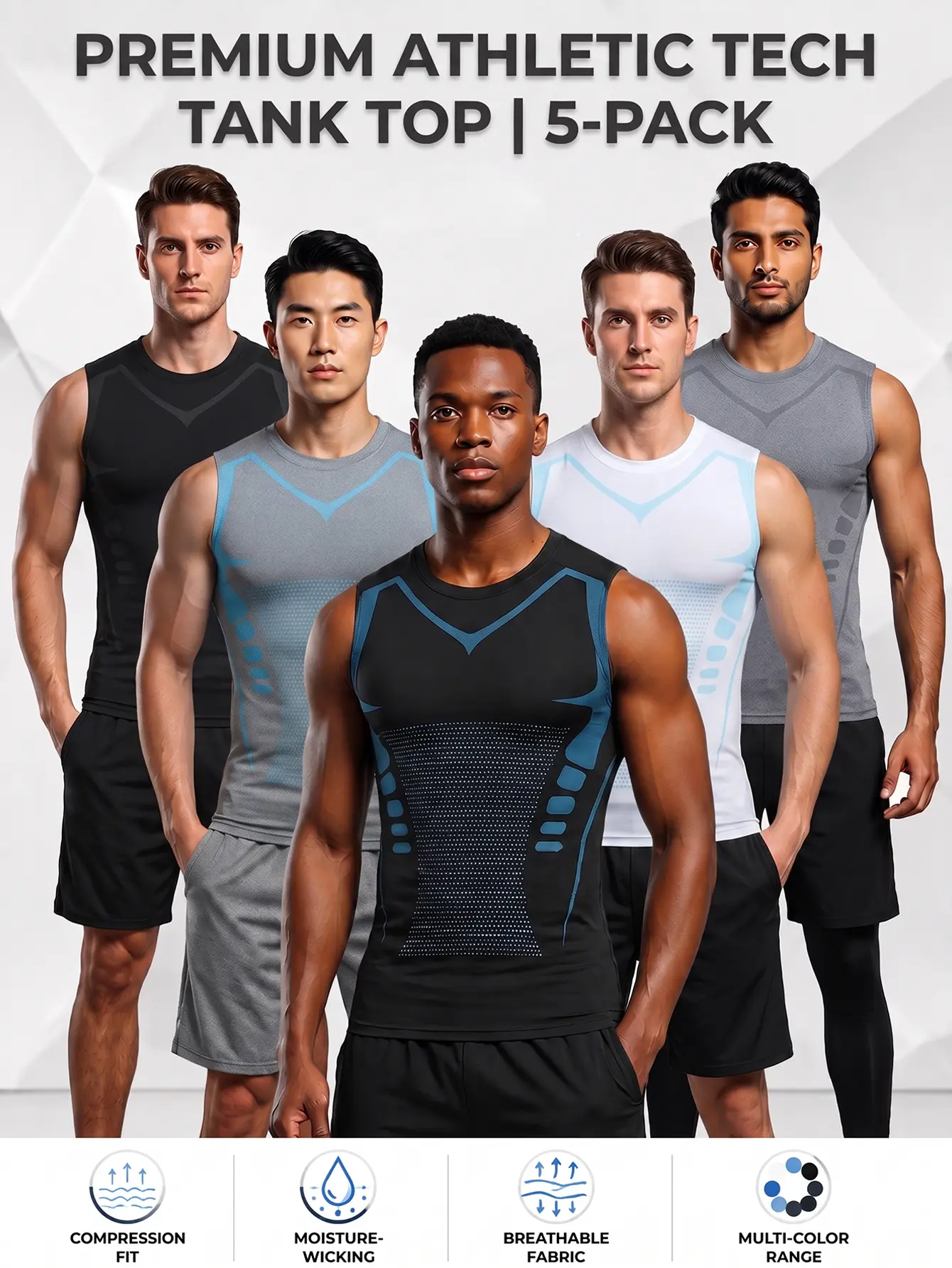 Men's Professional Training Compression Vest Set - 5-Piece Bundle - Quick-Dry, Breathable Crew-Neck T-Shirt - Shaping Compression Top Suitable for Indoor and Outdoor Training, Running, and Fitness