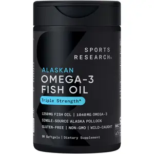 Sports Research Triple Strength Omega 3 Fish Oil - Burpless Fish Oil Supplement w/ EPA & DHA Fatty Acids from Wild Alaskan Pollock - 1250 mg, 90 ct