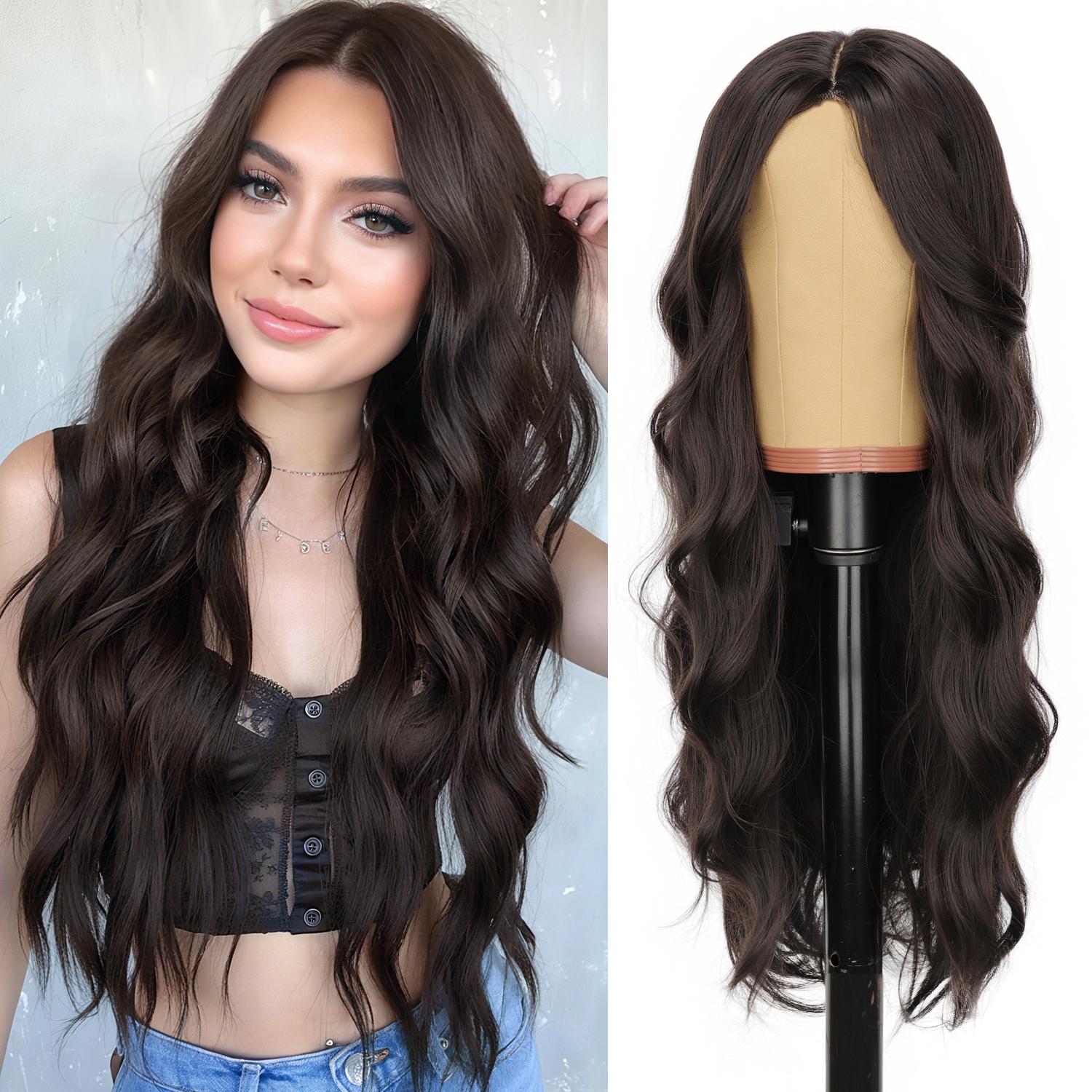 [AISI HAIR] Rich Dark Brown Silky Shine Wig for Women Long Wavy Lace Synthetic Scalp Natural Hairline Glueless Middle Part 26Inch Daily Party Use