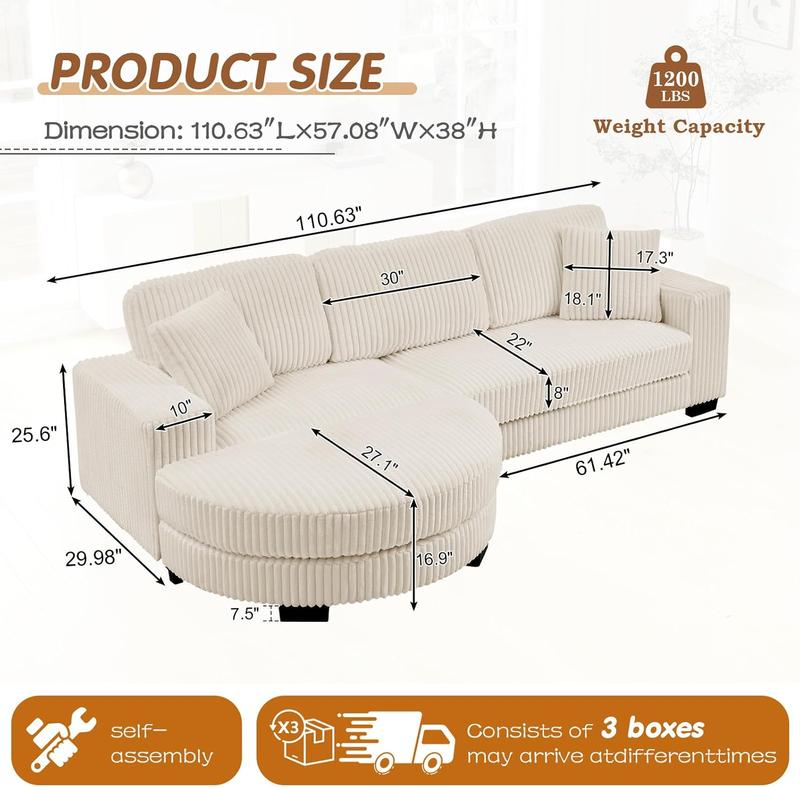 [3 Pack] Niccae Modern Floor Standing Sofa with 2 Pillows Convertible Foam Bed Sofa Corduroy Upholstered Lounger L Shaped Sectional Sofa with Ottoman Sectional Sofa for Home Office Living Room Bedroom Apartment Viral Boneless Sofa