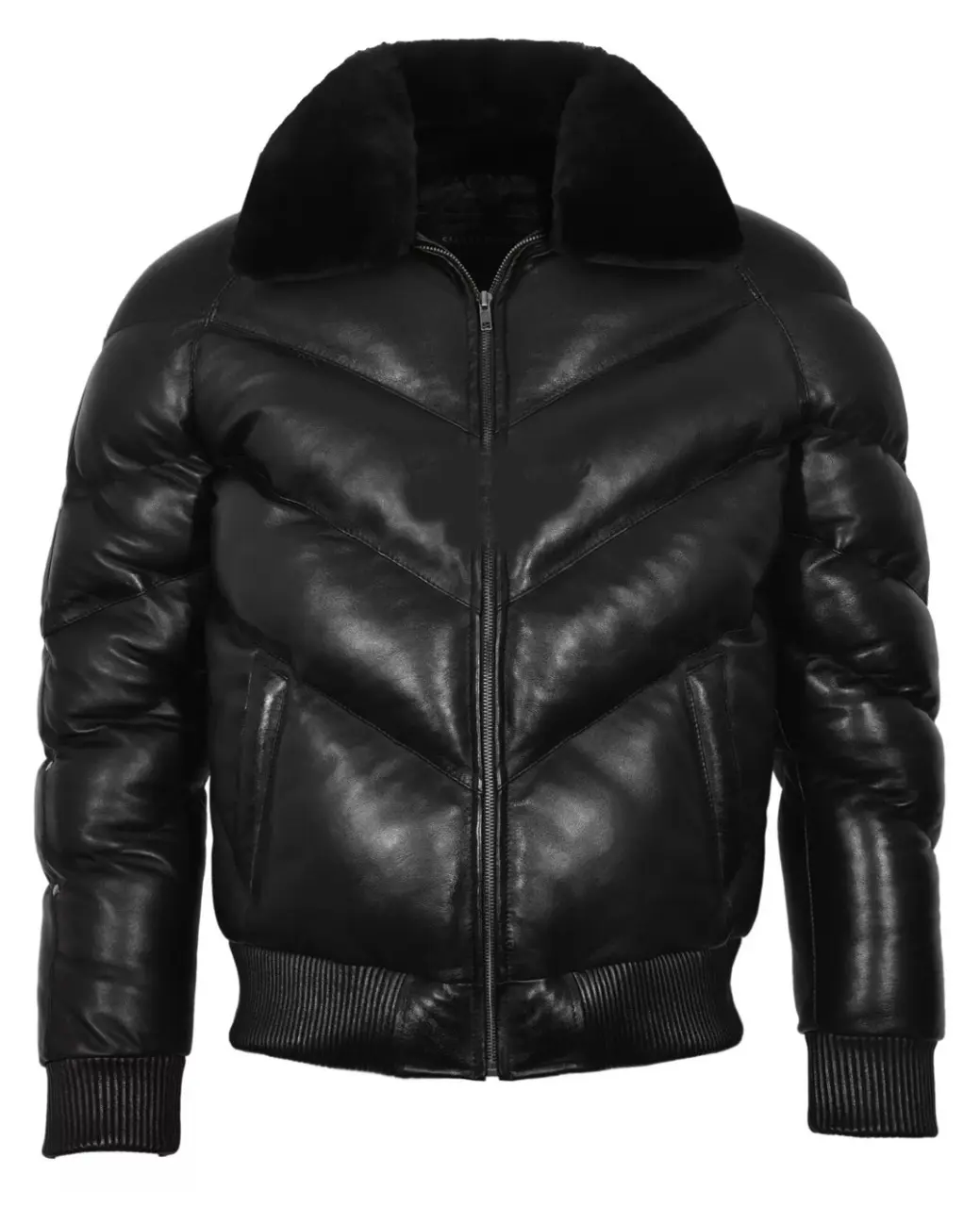 Men's Ace Puffer Leather Jacket Black Sheepskin Soft Collar WARM Bomber Jacket