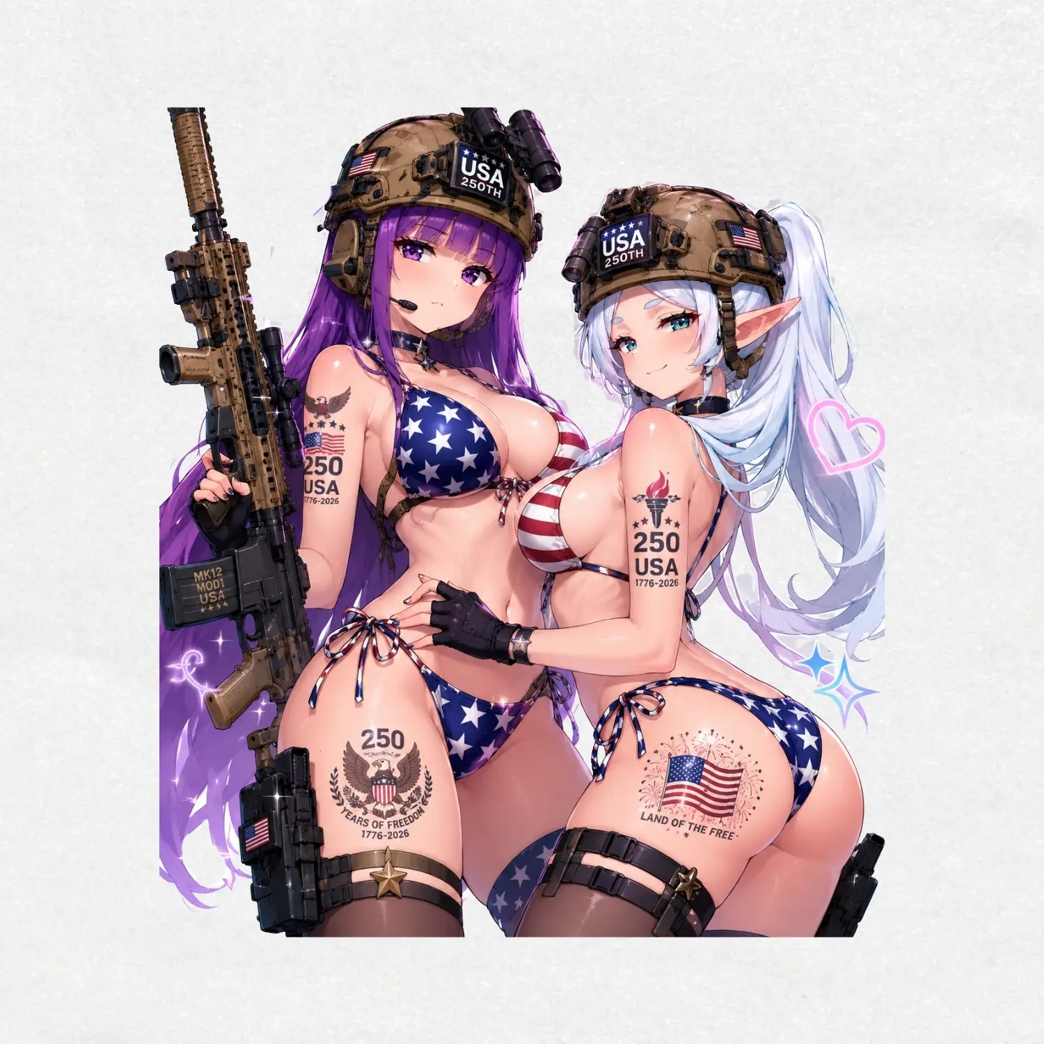 Frieren x Rias USA 250th Anime Girl Vinyl Sticker, Tactical Bikini MK12 Rifle, 4th of July Decal, Ops-Core FAST Helmet, Patriotic Waifu Art