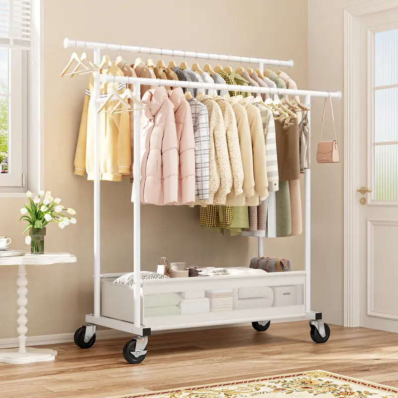 Raybee Heavy Duty Clothing Racks with Net Pocket Holds Up to 210lbs,Double Rod Metal Clothes Rack for Hanging, Rolling Garment Rack with Wheels Portable Closet Racks for Bedroom, Laundry Room,Dorm, Black, White, Gold