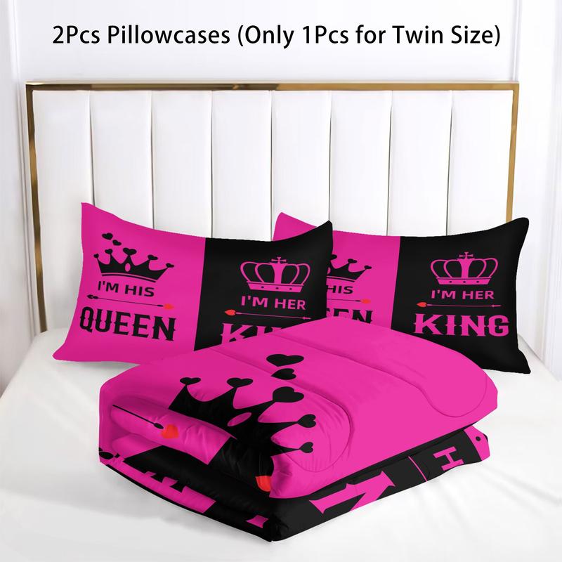 Romantic Valentine's Day “King Queen” Wedding Comforter Set,1 Comforter & 1-2 Pillowcases,Red Black Color blocking,Couples Gifts Engagement Newlyweds Gifts for His and Hers Gifts Exclusive for Couples