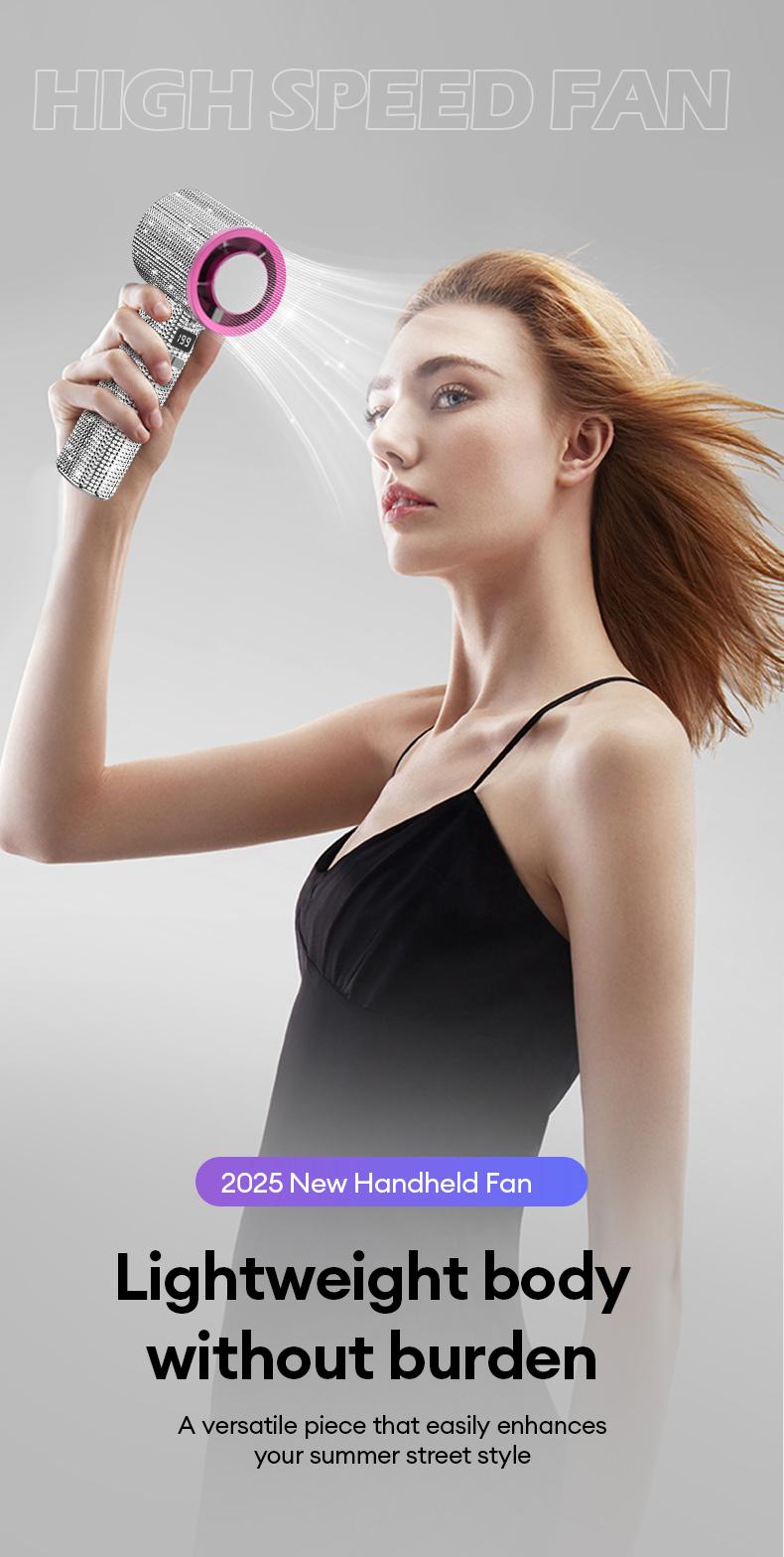 PAXA M15 Full Diamond Luxury Craftsmanship Portable Handheld Turbo Fan, 3 Gear Wind, Rechargeable Long Battery Life Hand Fan With Digital Display For Outdoor Activities, Travel, Office, Wonmen's gift