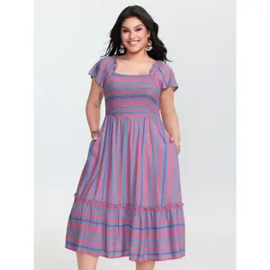 【Summer Turn-Up】Bloomchic Colorful Stripes Shirred Bodice Ruffled Midi Dress 2026 Summer Pick for Mother's Day