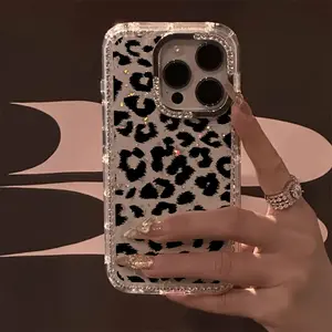 Black Leopard Luxury Rhinestone Fashion Phone Case, Transparent Sparkling Diamond Border Star Case Anti-Drop Case, Suitable for iPhone 17 Pro Max 17 Air 16 15 14 Plus 13 12 11 Protective Cover, Christmas Gift, New Year Gift, Easter Gift, Halloween