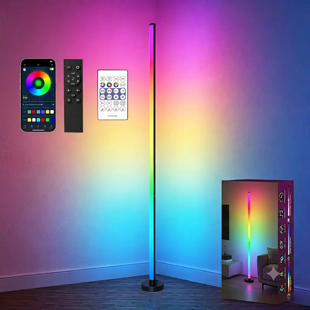 2-Pack  RGBIC Corner Floor Lamp, USB Powered LED Floor Lamp with Remote Control, Color-Changing Atmosphere Lighting LED Lamp for Living Room & Bedroom, Remote Floor Lamps