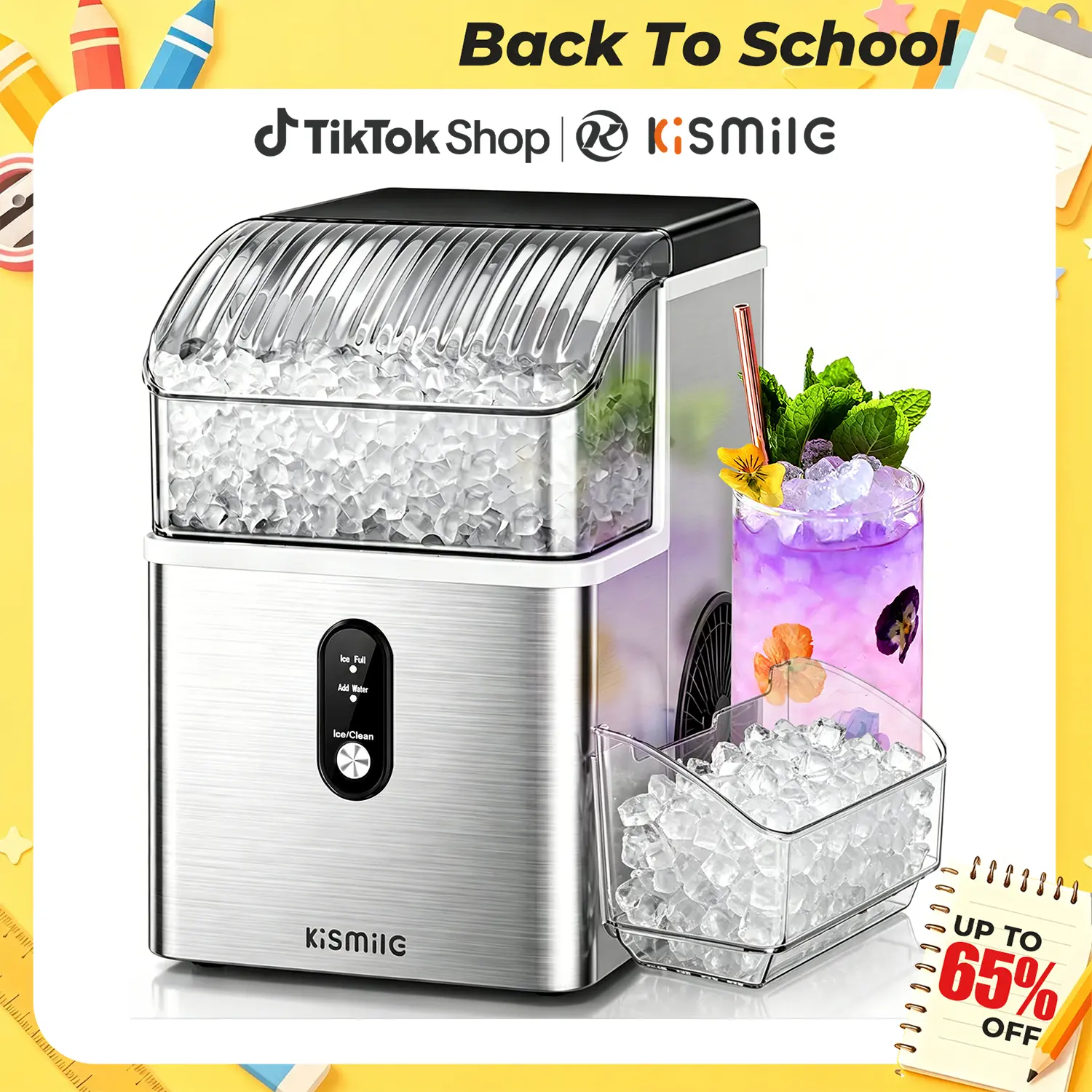 Back To School - Kismile Countertop Nugget Ice Maker, 35Lbs/24H Fast Ice Making, 7 Mins Quick First Ice, Self-Cleaning Pebble Ice Machine with 1.2L Water Tank, Portable Ice Maker for Home Kitchen Office Bar, Silver,home essentials