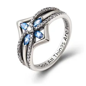 【HXS】925 Sterling Silver Cross Ring with Blue & Clear CZ "With God All Things Are Possible" Inspirational Religious Gift