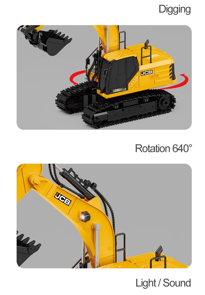Remote-controlled excavator toy with 3 interchangeable attachments: drill, grabber, and digging hook. Features sound effects and lights for realistic operation. Perfect for boys, girls, and adults alike. Ideal Christmas gift.