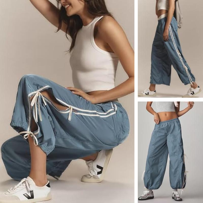 SCUSTY Trendy Side Bow Pants Women's Parachute Cargo Trousers Elastic High Waist Full Twist Hiking Casual Comfy Pocket Bottoms Black Minimalist