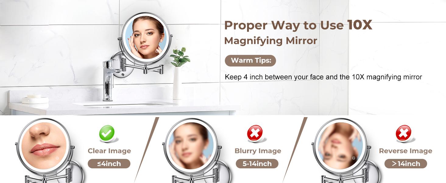 Wall Mounted Mirror with LED Lights, Magnifying 1x/10x Makeup Mirror, 8 Inch Double Sided Rotatable 360 Degrees. 3-colour light touch screen dimmable, bathroom, bedroom, living room