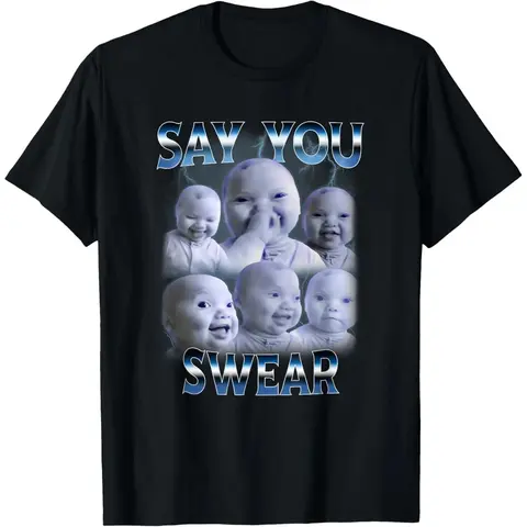 Women's 100% Cotton Short-Sleeve Crew Neck Essential Fit Graphic T-Shirt - "Say You Swear" AI Niche, Baby Holding Back Laugh Gen Z Humor Funny Meme Top, Soft, Casual, Everyday, Breathable (Pairs with Jackets)