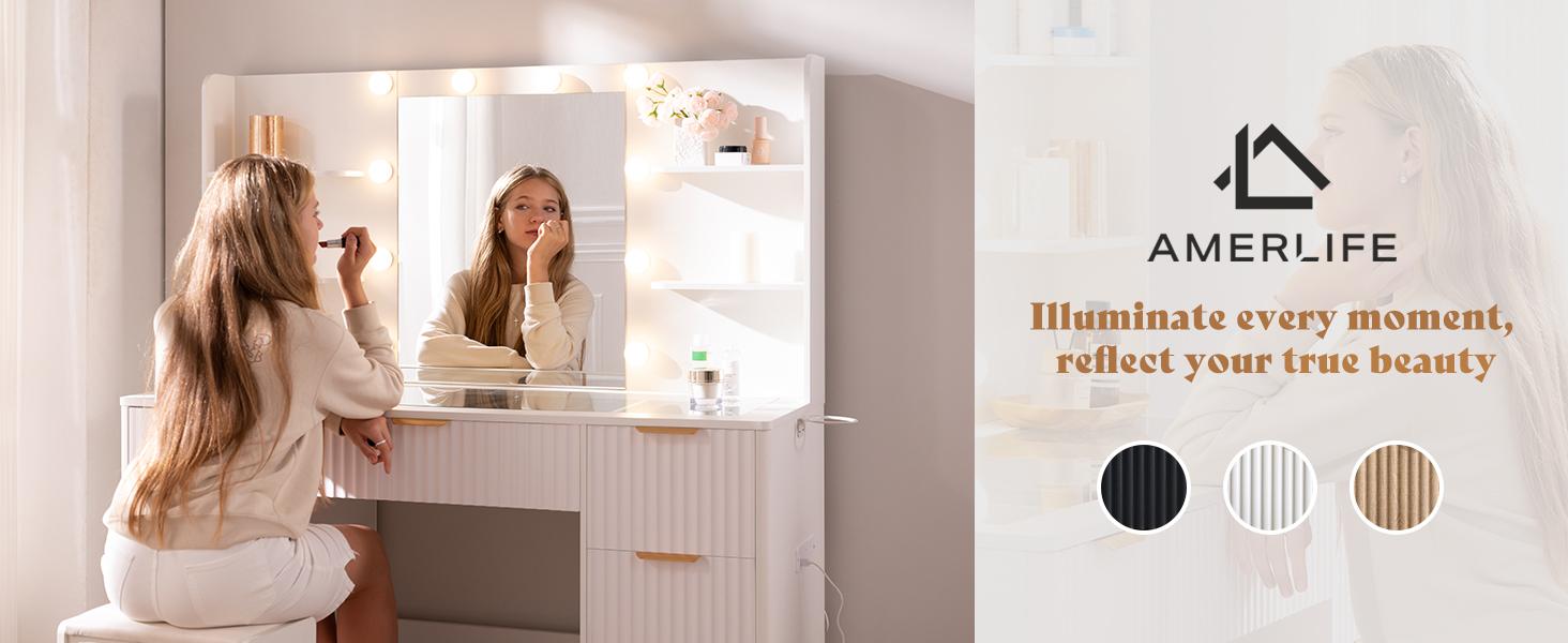 AMERLIFE 36.2/47.2" Fluted Vanity Desk with Mirror and Adjustable LED Lights, Large 4/7 Drawers Makeup Table with Glass Top and Charging Station for Women and Girls,,Best Gift Ideas/Christmas Gifts