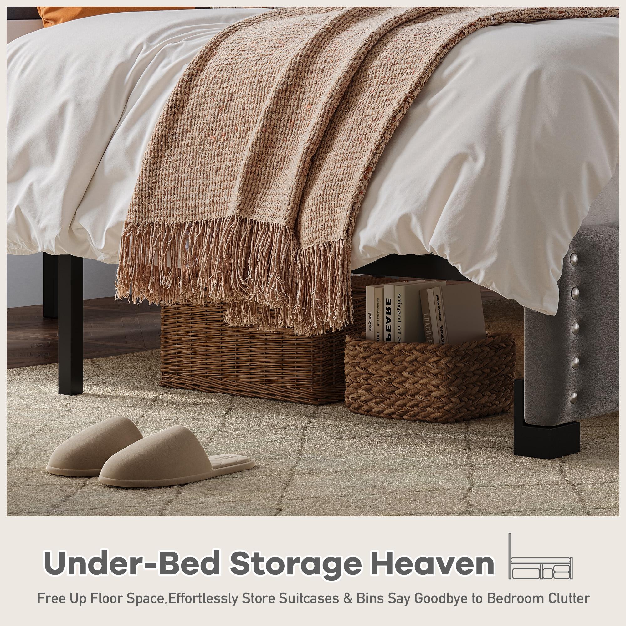 Bed Frame King Size with LED lIghts & Charging Station, Upholstered Queen Bed Frame with Shelves, Luxury Bedframe, Bedroom FurnitureNo Mattress, Noise Free, Holds 880LBS, Wood Slats & Metal Frame, Beige, Gray