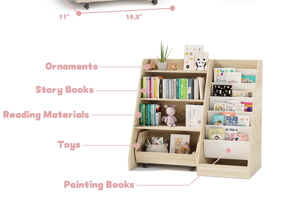 COZPAW Kids Bookshelf and Toy Storage, 4 Tier Toddler Bookshelf with Movable Drawer 5 Sling Pockets, Montessori Book Shelf for Kids Room, Playroom, Nursery (Oak)