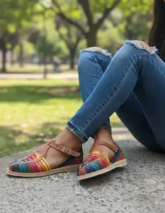 Women's Mexican leather Huaraches flat sandals, model 832, hand-woven style with adjustable ankle strap, genuine leather upper, comfortable, ethically made in Mexico, closed toe.